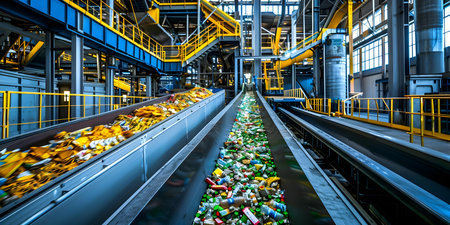 Efficient Recycling Plant Sorting and Processing Recyclable Materials. Concept Recycling Plant Operations, Sorting Systems, Material Processing, Sustainable Practices, Waste Reductionの素材