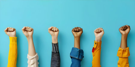 A diverse group of young activists raise their fists in solidarity at a protest rally. Concept Social Justice, Activism, Solidarity, Diversity, Protest Rallyの素材