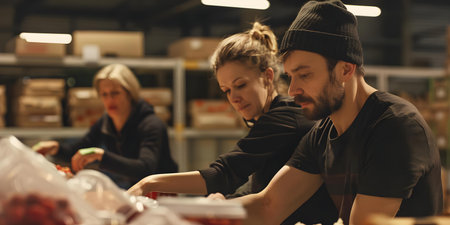People volunteering at a food bank embodying compassion and community service. Concept Community Service, Volunteering, Food Bank, Compassion, Giving Backの素材