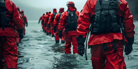 Practicing drills for a coordinated emergency response. Concept Emergency Preparedness, Team Coordination, Crisis Management, Drill Practice, First Responder Trainingの素材