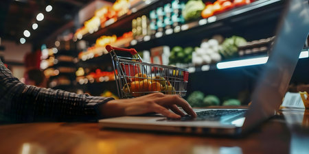 Person using laptop for online shopping on a virtual store website typing and making a purchase. Concept Online shopping, E-commerce, Virtual store, Technology, Purchase transactionの素材