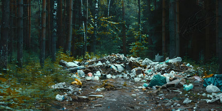 Environmental Issues: Illegal Dumping of Garbage in Forests. Concept Ecosystem Degradation, Environmental Pollution, Forest Conservation, Waste Management, Illegal Dumpingの素材
