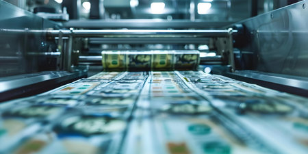 Printing machine producing dollar banknotes in a factory setting. Concept Factory, Printing machine, Dollar banknotes, Manufacturing, Moneyの素材