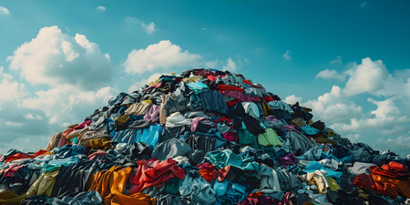 The Impact of Fast Fashion on Sustainability: A Pile of Discarded Clothes in a Landfill and the Importance of Recycling. Concept Fast Fashion, Sustainability, Recycling, Textile Waste, Landfillの素材