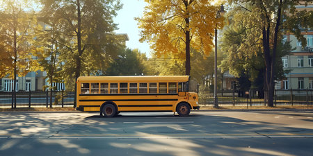Yellow school bus parked on a street with trees in the background on a sunny day. Concept Vehicle, School Bus, Nature, Street, Sunny Dayの素材