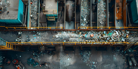 Waste recycling line at a sorting plant. Concept Waste Management, Recycling Process, Sorting Plant, Environmental Preservation, Sustainable Practicesの素材