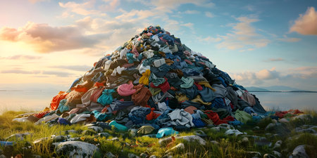 Large pile of textile waste in nature representing fashion industry pollution and global environmental awareness. Concept Pollution, Textile Waste, Fashion Industry, Global Awarenessの素材