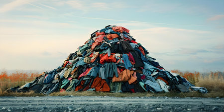 Textile Waste Crisis: Pile of Discarded Clothes in Landfill and Responsible Disposal Options. Concept Textile Waste Crisis, Discarded Clothes in Landfill, Responsible Disposal Optionsの素材