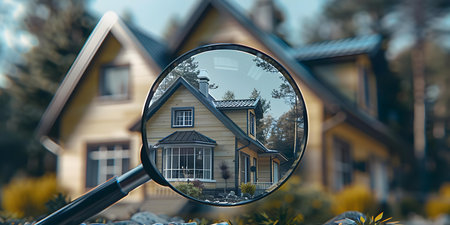 Magnifying Glass on House Roof: Symbolizing Real Estate Investment and House Hunting. Concept Real Estate Investment, House Hunting, Magnifying Glass, House Roof, Symbolismの素材