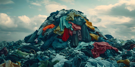 Pile of discarded clothes in a landfill symbolizing fast fashions impact on sustainability and the importance of recycling. Concept Fast Fashion, Sustainability, Recycling, Landfills, Impactの素材