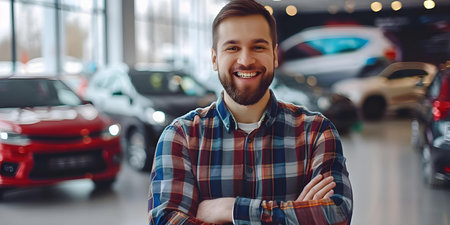 Man smiling in a car dealership while selecting a new vehicle to purchase. Concept Car shopping, Smiling man, New vehicle, Car dealership, Purchasingの素材