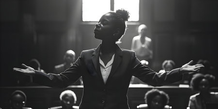 A Black female lawyer passionately defends defendants rights in court before a judge and jury. Concept Legal profession, African American women, Courtroom drama, Social justice, Trial advocacyの素材
