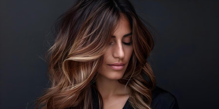 Woman with balayage ombre hair dye showing a seamless blend from dark roots to light ends. Concept Balayage Ombre Hair, Dark Roots, Light Ends, Seamless Blend, Hair Dyeの素材