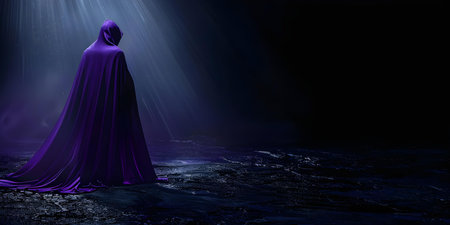 Revealing the Grandeur: Mysterious Figure in Purple Cloak Stepping into Light. Concept Mysterious Figure, Purple Cloak, Grandeur, Revealing Light, Stepping Into the Unknownの素材