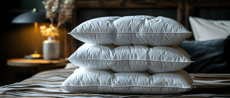 Closeup of a stack of pillow cores with a bedside table in the background. Concept Closeup Photography, Pillow Cores, Bedside Table, Interior Design, Home Decorの素材