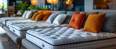 Stylish modern beds and mattresses on display in a furniture showroom interior. Concept Furniture Showroom, Modern Beds, Mattresses, Stylish Interior, Display Areaの素材