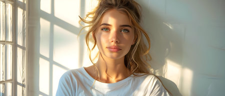 Portrait of a Young Woman in White T-Shirt and Jeans Against White Wall. Concept Portrait Photography, Minimalist Style, White Color Palette, Casual Outfit, Indoor Photoshootの素材