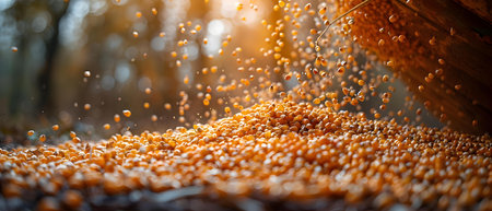 Harvester unloading freshly harvested corn or soybeans into container trailer in morning. Concept Agricultural Scene, Corn Harvesting, Soybean Harvesting, Morning Light, Container Trailerの素材