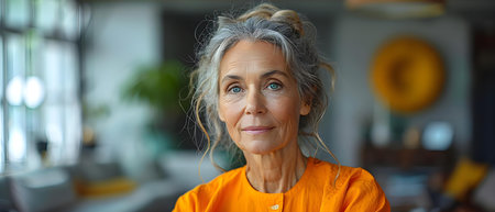 Energetic Elderly Woman in Bright Athletic Attire Ready for Gymnastics. Concept Active Senior Woman, Gymnastics Enthusiast, Bright Athletic Attire, Energetic Poses, Fitness Inspirationの素材