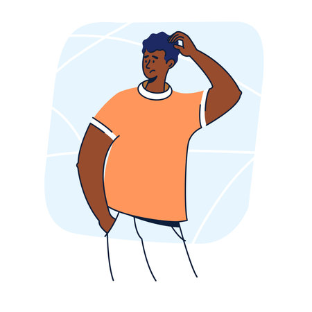 Confused puzzeled pensive black man thinking and scratching his head flat design illustration