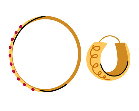 Golden hoop earrings doodle hand drawn flat illustration hand made jewelry concept.のイラスト素材
