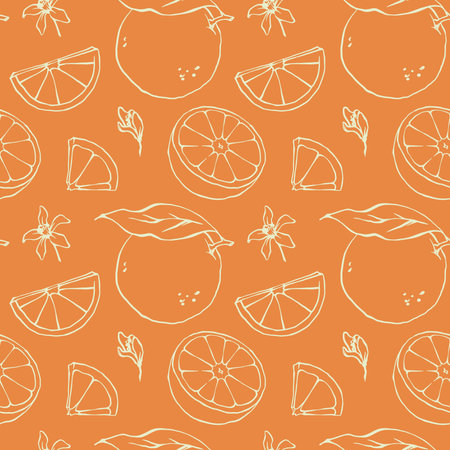 Hand drawn outline oranges fruit seamless pattern with flowers, leaves and orange slicesのイラスト素材