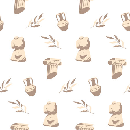 Ancient Greek art statue seamless pattern with torso sculpture brocken column amphora olive branchのイラスト素材