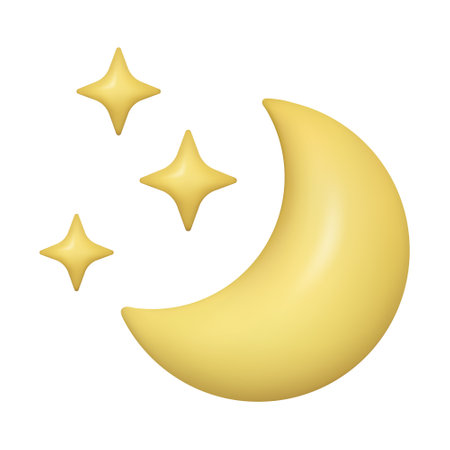 3d crescent moon and stars icon realistic glossy plastic three dimensional vector illustrationのイラスト素材