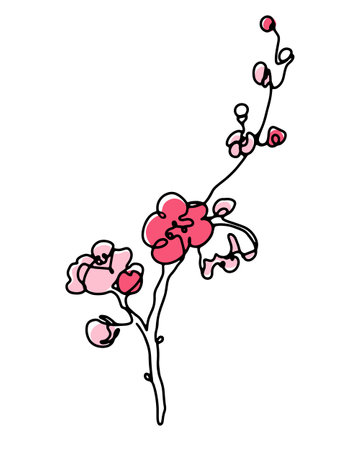 Spring sakura blooming branch one line art drawing with abstract pink color spots designのイラスト素材