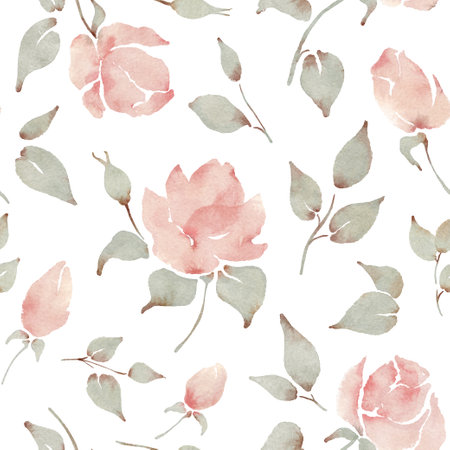 Watercolor pale pink roses floral hand drawn seamless patternの写真素材
