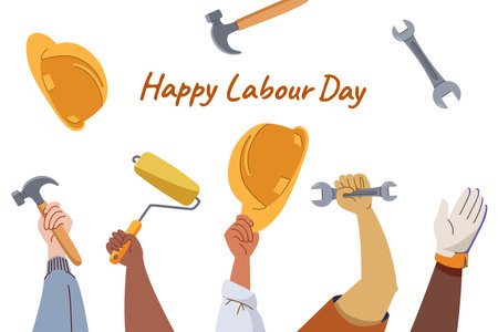 Labor day background, horizontal banner. International workers, people with different occupation holding helmet, hammer, spanner. Modern flat vector illustration elements set.のイラスト素材