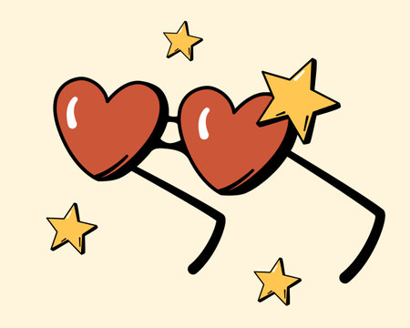 Groovy heart shape sunglasses and stars in 60s 70s color palette. Hippie style retro glasses vector illustration.のイラスト素材