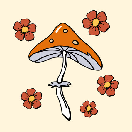 Toadstool mushroom and flowers 70s retro style color vector illustration design elements. Hand drawn hippie floral print with amanita or fly agaricのイラスト素材