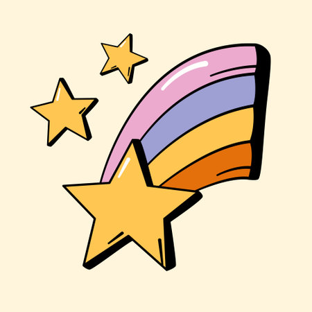 Rainbow falling star 60s 70s retro style colorful groovy design elements. Hand drawn doodle vector illustration.のイラスト素材