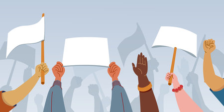 People holding blank signs placards flags and banners set. Flat vector illustration. Demonstration or protest concept.のイラスト素材