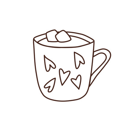 Hot chocolate with marshmallows in cup with hearts doodle outline vector drawing. Valentine's day illustration.のイラスト素材