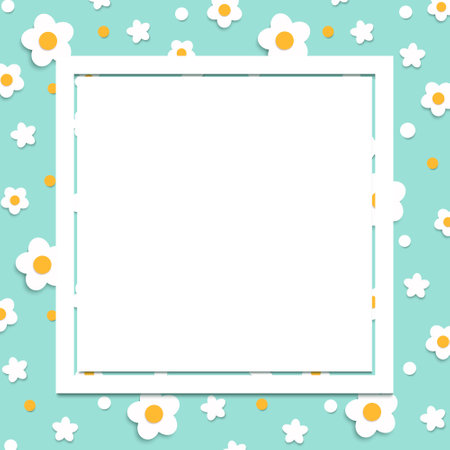 Paper cut spring floral square frame background. White flowers on cyan color background vector illustrationのイラスト素材