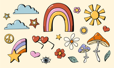 70s retro style nature and floral design elements set. s collection. Sun, cloud, rainbow, stars, flowers, mushroom, eye, leaf, heart.のイラスト素材