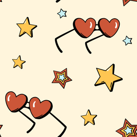 Seamless pattern with stars and heart shape sunglasses. Groovy 60s 70s retro endless background. Warm color palette textile or wallpapers hippie print design. vector illustration.のイラスト素材