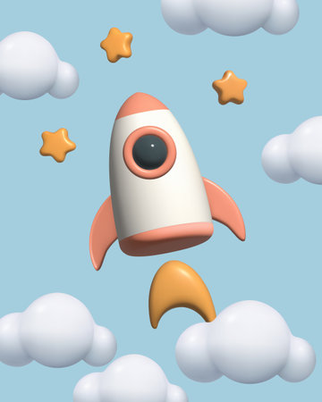 3d rocket stars and clouds set toy cartoon flying spaceship three dimensional vector illustrationのイラスト素材