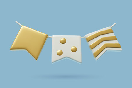 3d party flags white and gold cute party garland glossy plastic three dimensional vector iconのイラスト素材