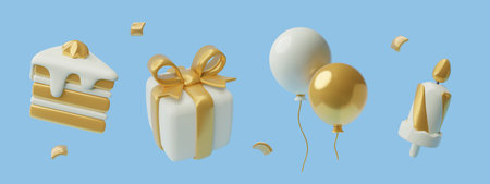 Birthday party 3D icons collection. Realistic toy elements set. White and golden gift box with a bow, cake piece, balloons, burning candle. Three dimensional glossy plastic modern vector illustration.のイラスト素材