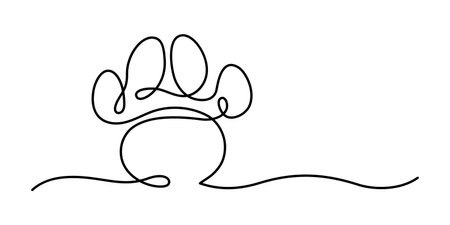 Pet paw print single line art drawing. Dog track elegant design element isolated on white background. Black and white vector illustration.のイラスト素材