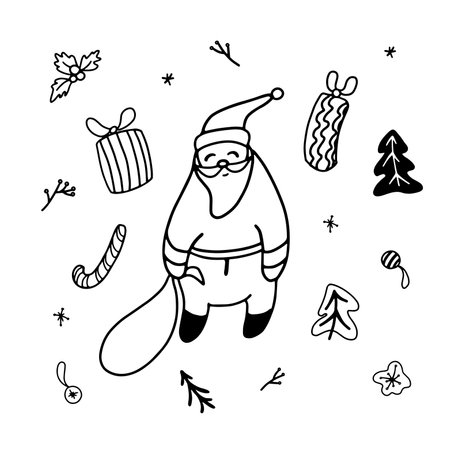 Christmas doodle vector drawing set with Santa Clausのイラスト素材
