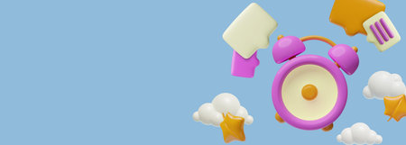 Autumn time morning banner design. Modern plastic 3d alarm clock, speech bubbles with copy space.