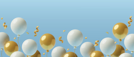 3d realistic balloons on blue background with copy space. White and golden festive horizontal bannerのイラスト素材