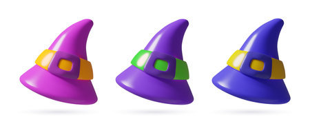 Witch hats 3d vector icons set. Wizard cap with belt. Halloween costume element on white background.のイラスト素材