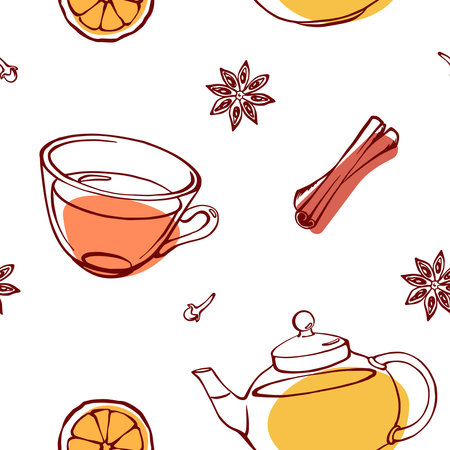 Tea and winter spices hand drawn seamless pattern with teapot cup cinnamon anise and orange slicesのイラスト素材