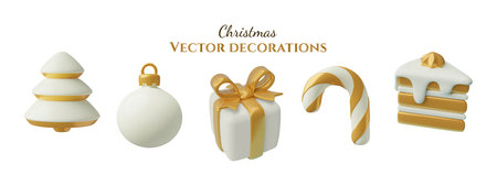 White and gold Christmas 3d icons set. Minimal toy three dimensional New Year and winter decorationsのイラスト素材