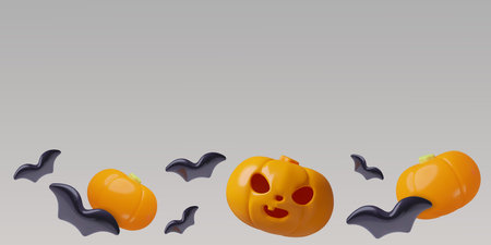 3D Halloween background Horizontal border with flying Minimal glossy plastic evil pumpkins and batsのイラスト素材